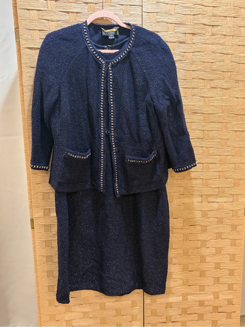 St. John Couture Size 16 Navy Bouclé Dress Jacket Suit Silver Chain Trim NWOT